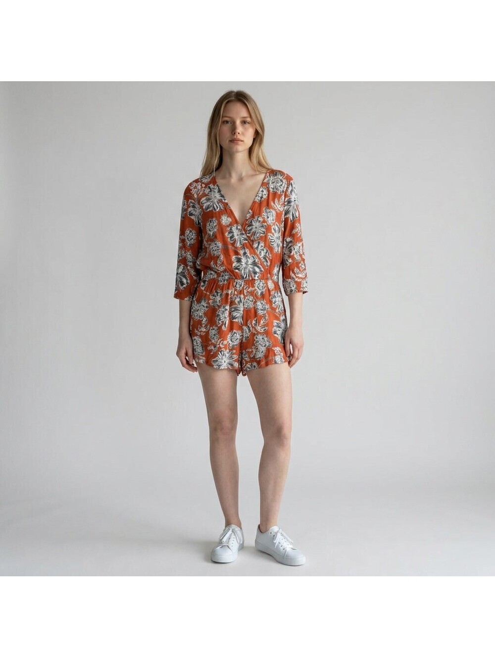 New Who What Wear Jumpsuit Women M Medium Brown Floral V-Neck 3/4 Sleeve Rayon